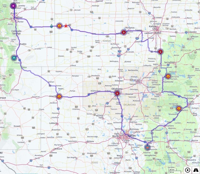 Map of the route taken on this trip, from Colorado through Kansas, Missouri, Arkansas, Oklahoma, and Texas, and back